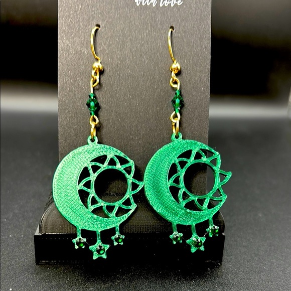 Green Crescent Moon Earrings - Picture 1 of 6